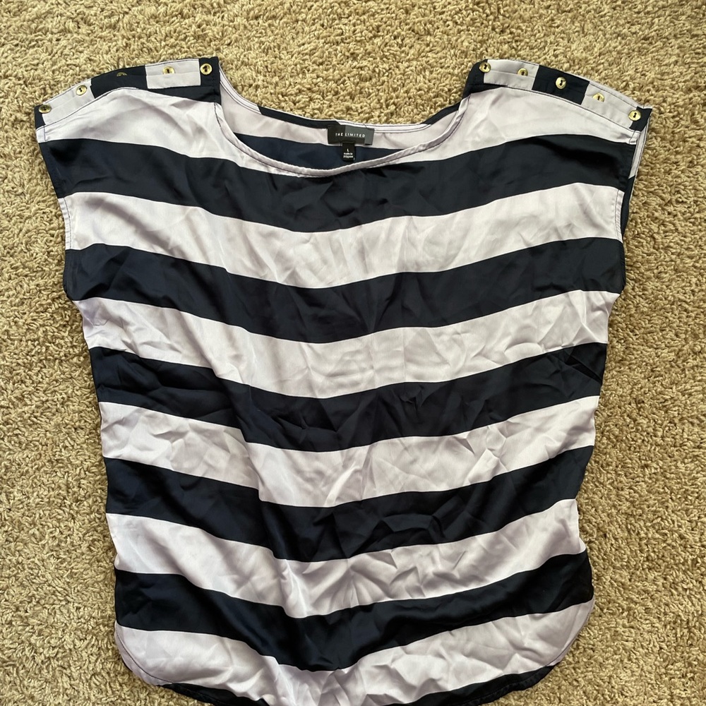 Lavender and Navy silky top with buttons on shoulders
